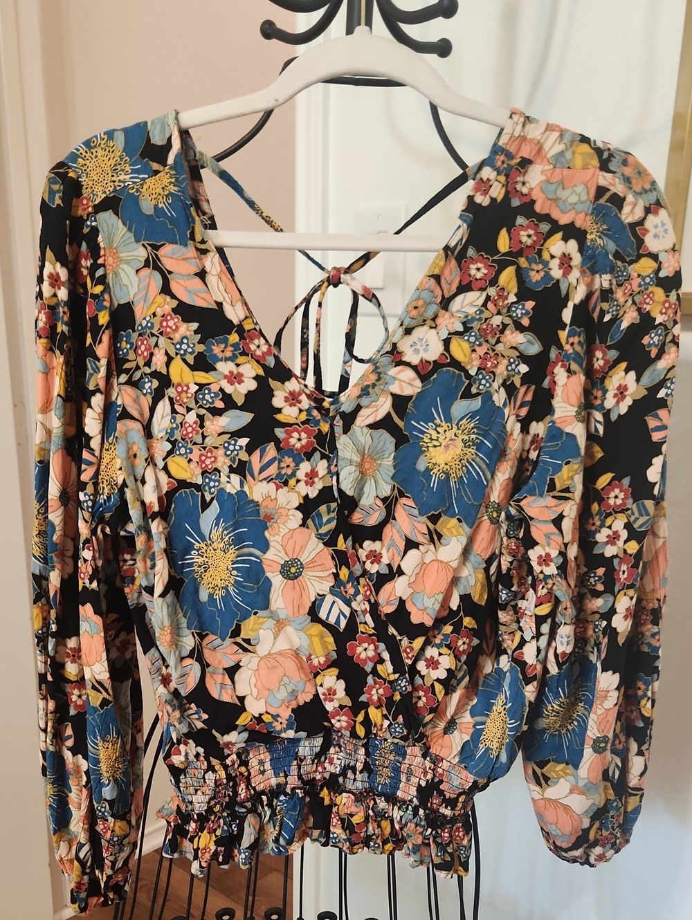 BUCKLE Floral V-Neck Smocked Waist Blouse with Blue and Pink Flowers